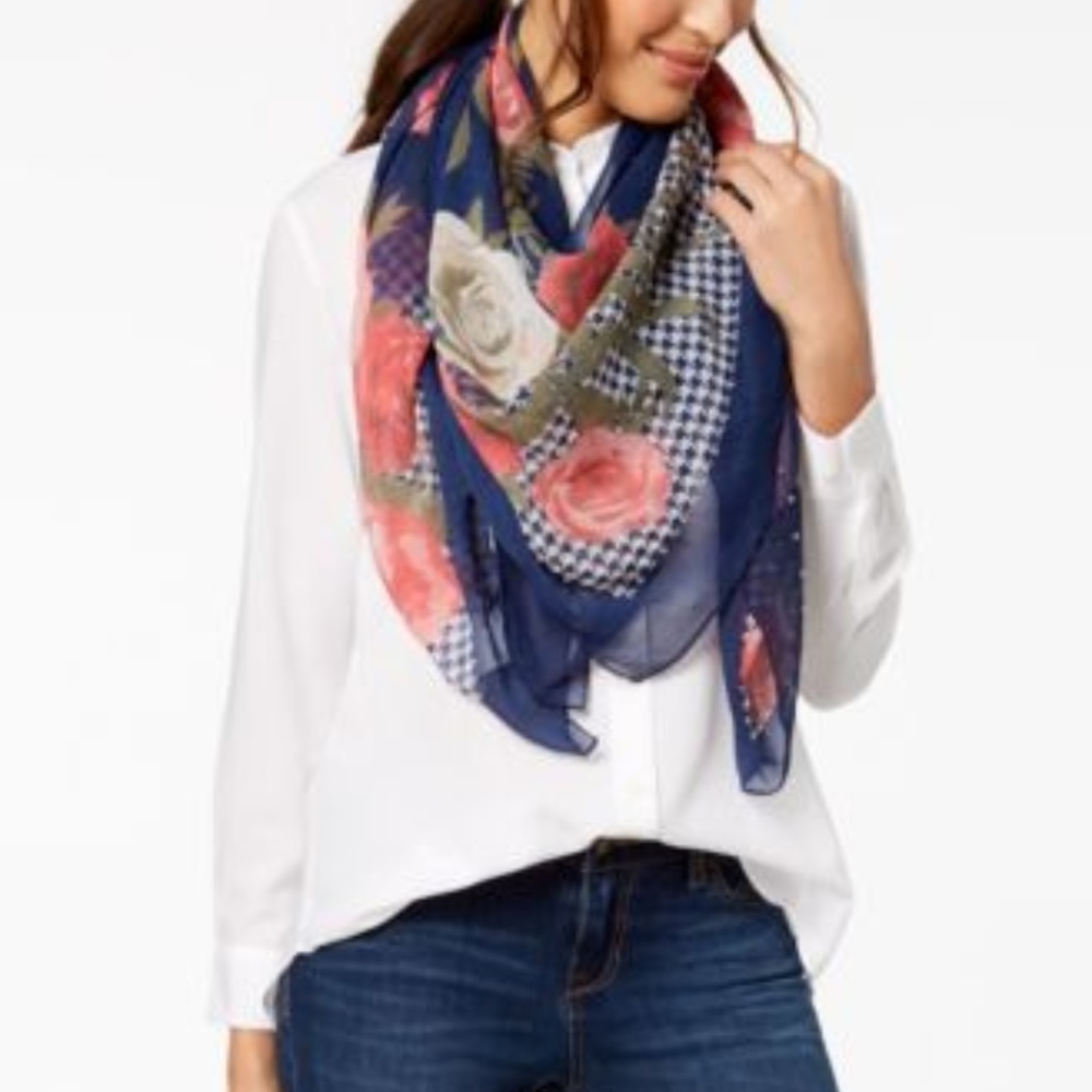 Brand New INC Houndstooth Floral Square Scarf